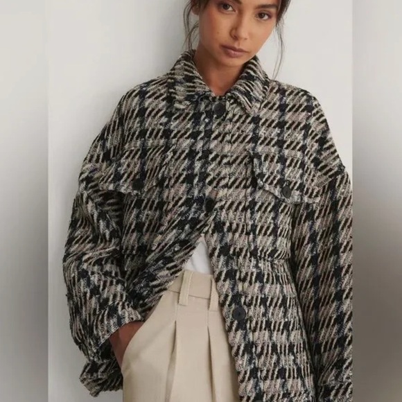 Mango Tweed Plaid Jacket Shacket Size L - Picture 2 of 16